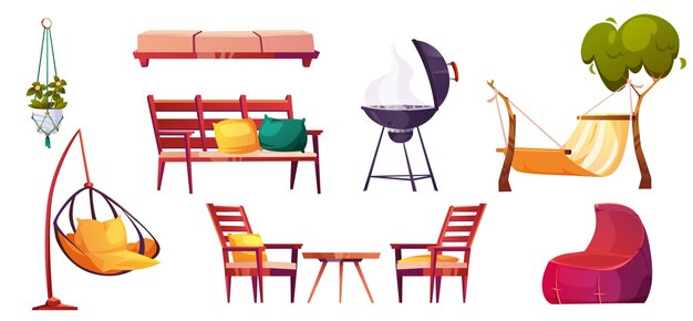 Muebles de jardín para relajarse y cocinar a la parrilla.