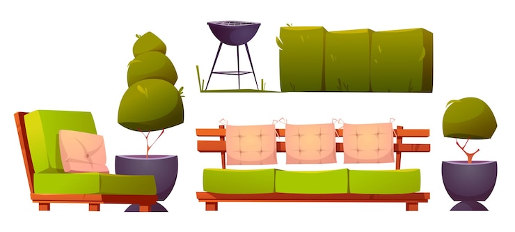 Vector gratuito muebles para patio trasero o patio con parrilla para barbacoa