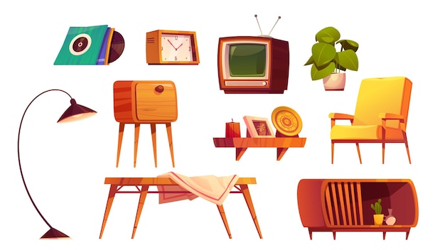 Vector gratuito muebles de salón vintage con diseño de tv antiguo