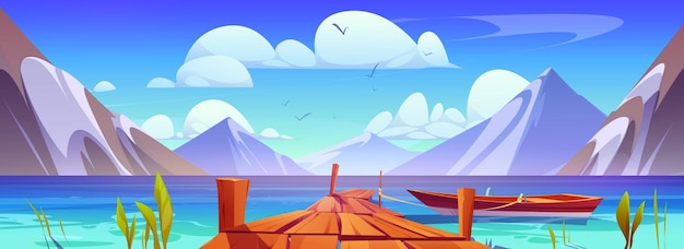 Vector gratuito muelle en el lago con vista a la montaña paisaje de dibujos animados