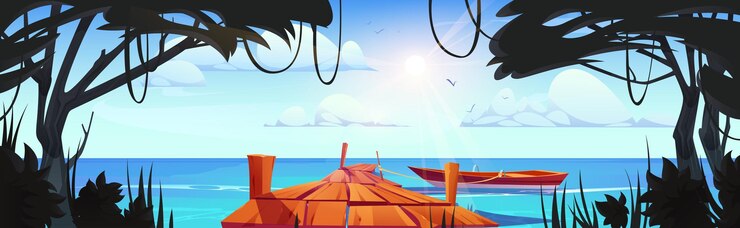Vector gratuito muelle de madera en el bosque de la selva con vector de barco