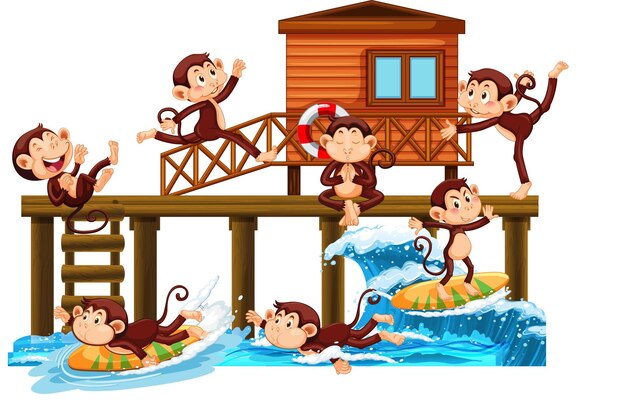Muelle de madera con muchos monos haciendo diferentes actividades.