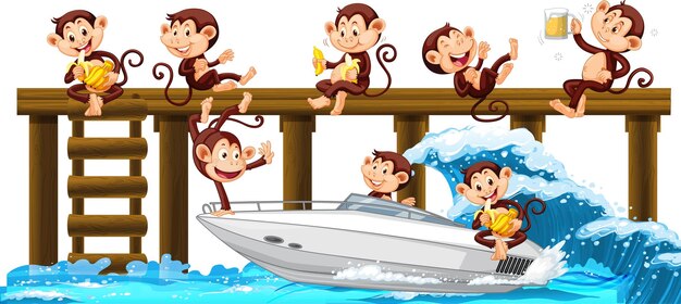 Muelle de madera con muchos monos haciendo diferentes actividades.