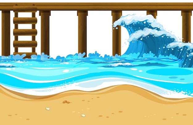 Vector gratuito muelle de madera con olas del mar