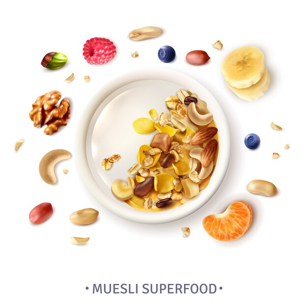 Muesli saludable comida súper tazón vista composición realista con granos rodajas de plátano nueces bayas