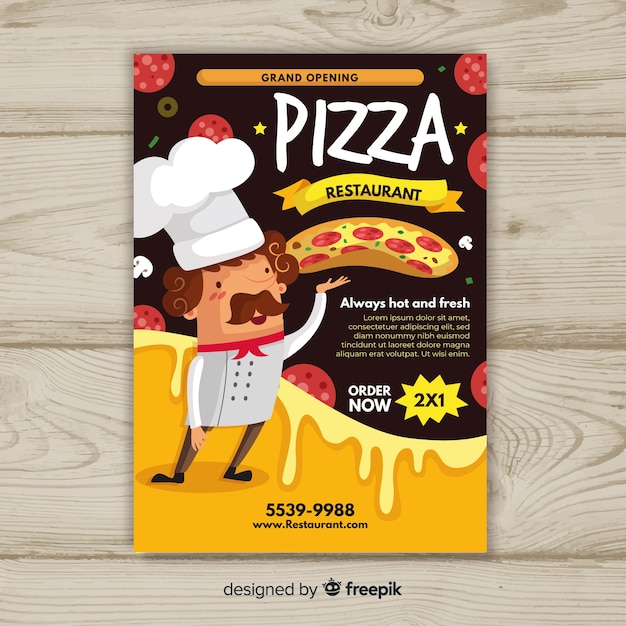 Muestra flyer pizza cocinero dibujado a mano