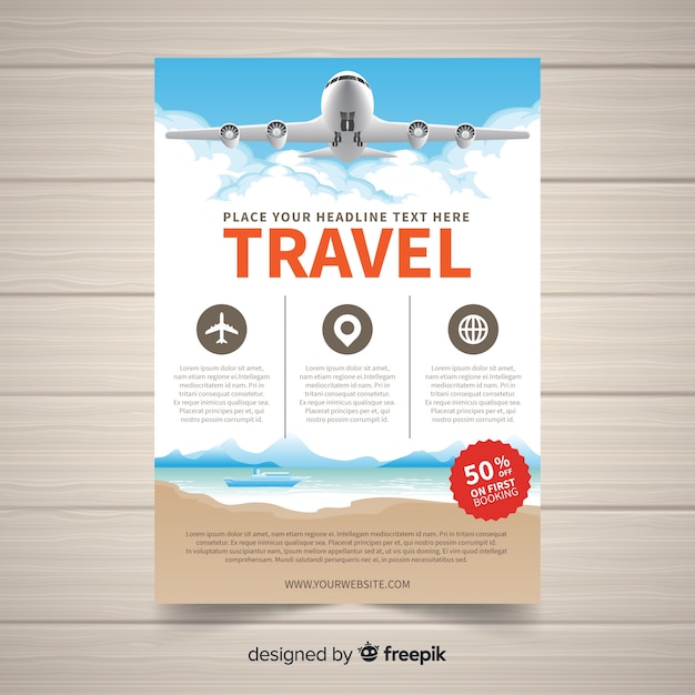 Vector gratuito muestra folleto viajes avión realista