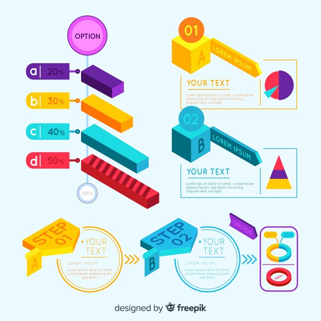 Muestra infografía colorida isométrica