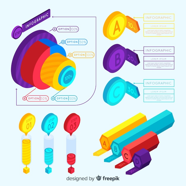 Muestra infografía colorida isométrica