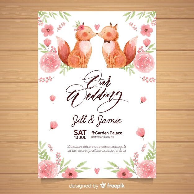 Muestra invitación boda animales acuarela