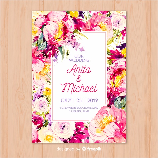 Muestra invitación boda flores acuarela coloridas