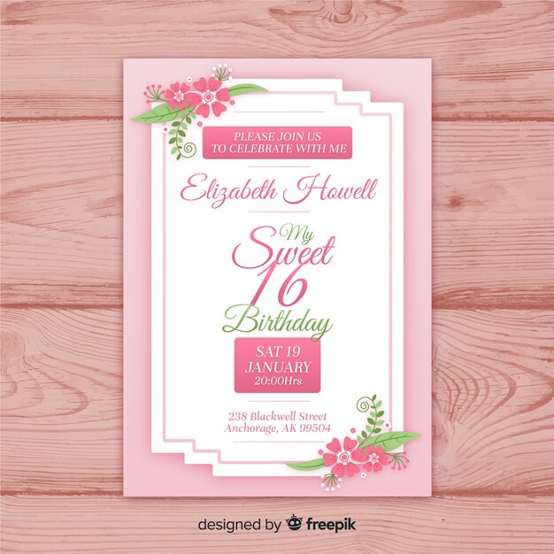 Muestra invitación esquinas flores dibujadas a mano dieciséis cumpleaños