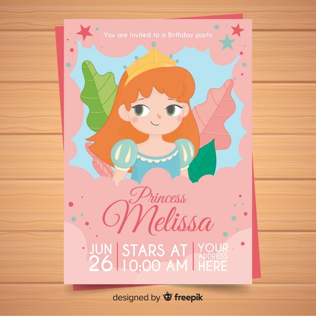 Muestra invitación fiesta de princesas dibujada a mano