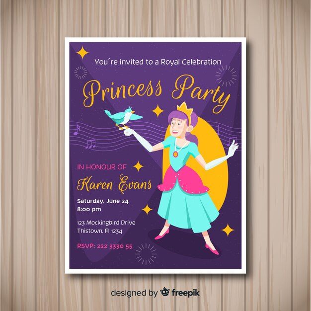 Muestra invitación fiesta de princesas dibujada a mano