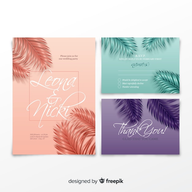 Vector gratuito muestra invitaciones de boda hojas palmera realistas