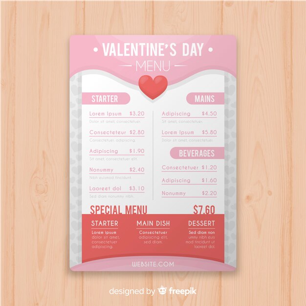 Muestra menú día de san valentín plano
