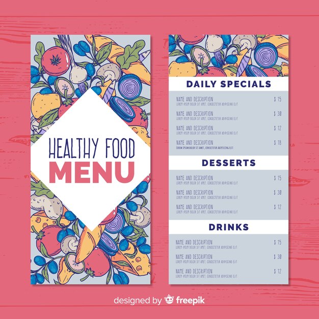 Muestra menú saludable comida dibujada a mano