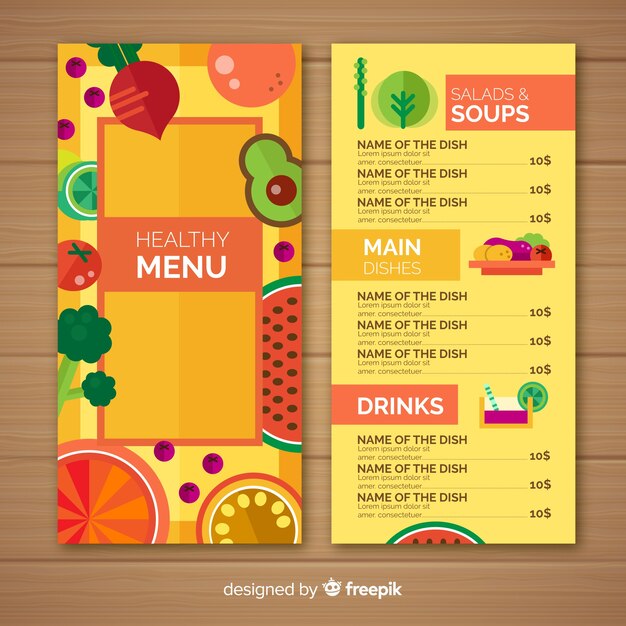 Muestra menú saludable plano colorido
