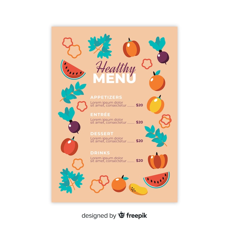 Vector gratuito muestra menú saludable plano