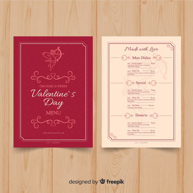 Muestra menú san valentín cupido dibujado a mano