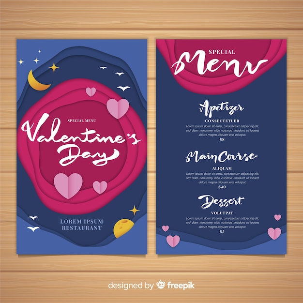 Vector gratuito muestra menú san valentín recortado