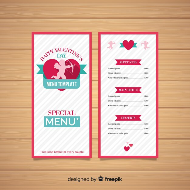 Muestra menú san valentín silueta cupido