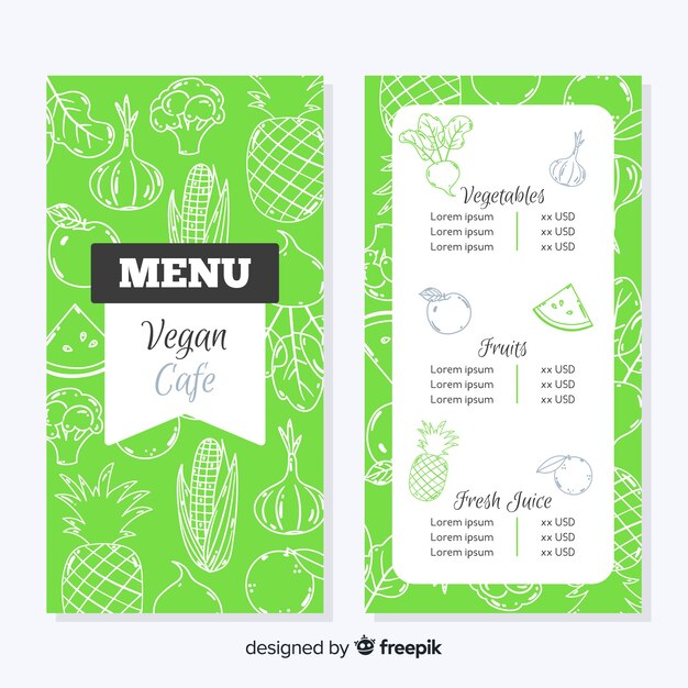 Muestra menú vegano dibujado a mano