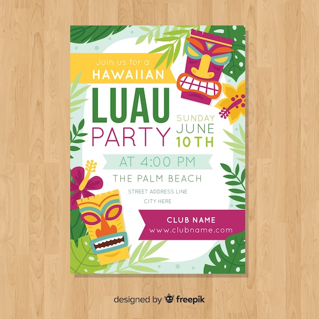 Muestra póster colorido plano fiesta luau