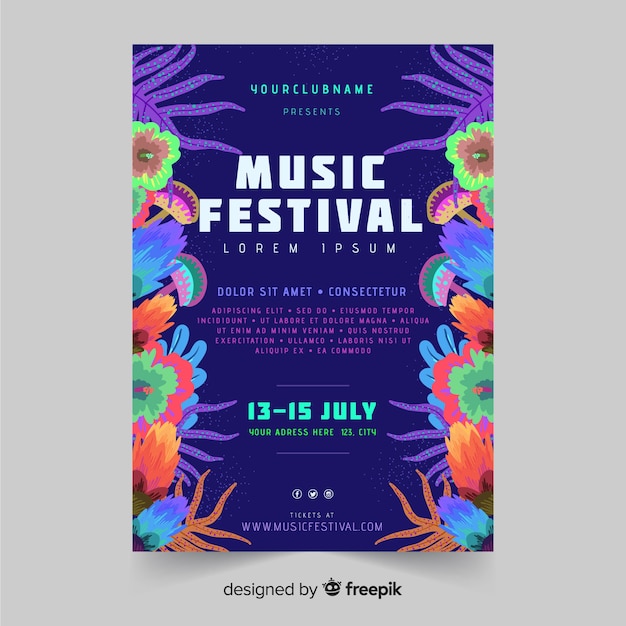 Vector gratuito muestra póster tropical dibujado a mano festival de música