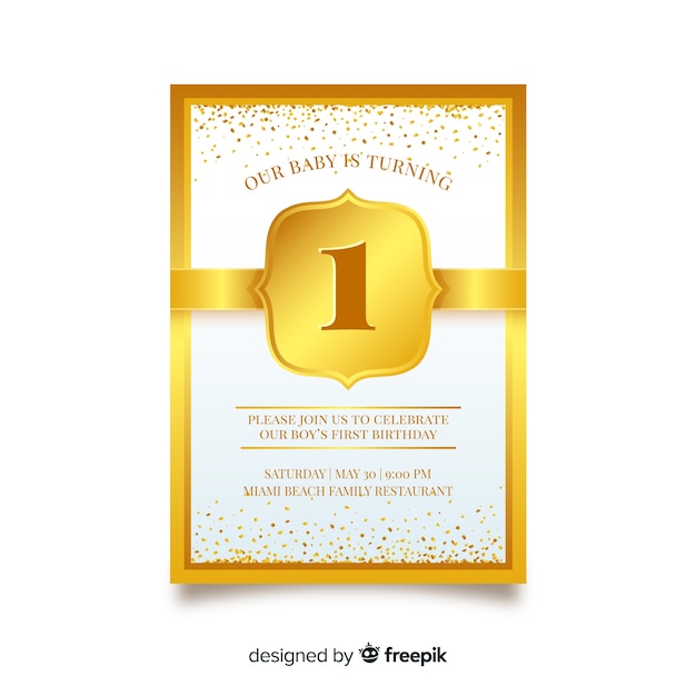 Muestra tarjeta primer cumpleaños confetti dorado