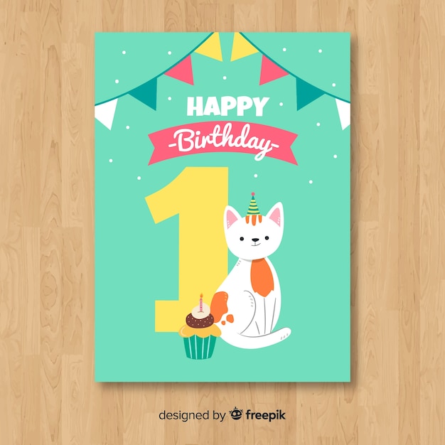 Vector gratuito muestra tarjeta primer cumpleaños gato plano