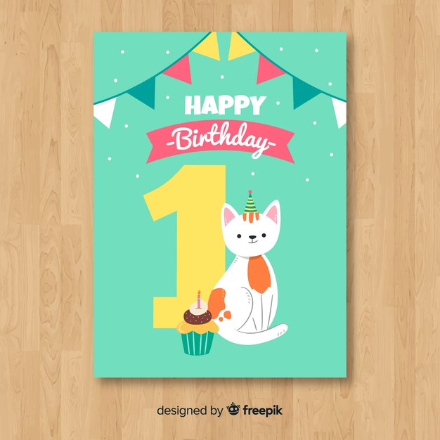 Muestra tarjeta primer cumpleaños gato plano