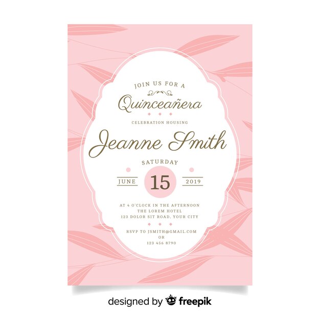 Muestra tarjeta quinceañera hojas planas