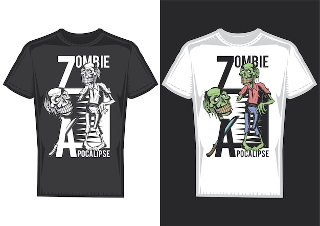 Muestras de diseño de camiseta con ilustración de zombies.