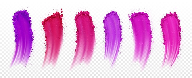 Vector gratuito muestras de sombras de ojos manchas de rubor seco para paleta de maquillaje aislado sobre fondo transparente conjunto realista de vector de sombras de ojos rosas y púrpuras y trazos de polvo cosmético
