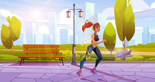 Vector gratuito mujer activa corriendo en el parque de la ciudad ilustración de dibujos animados vectoriales de un personaje femenino feliz corriendo por un callejón de jardín público contra el paisaje urbano entrenamiento de fondo para tener un cuerpo delgado y una aptitud energética