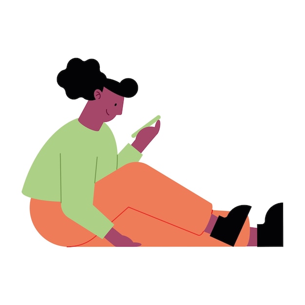 Vector gratuito mujer afro usando teléfono inteligente