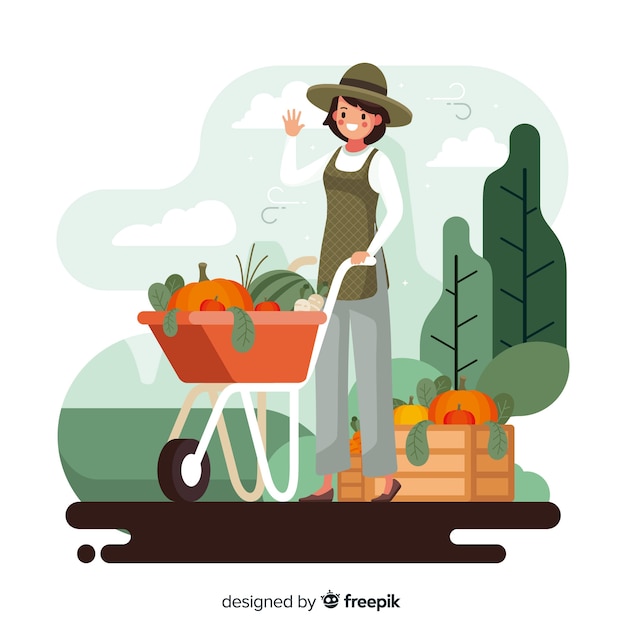 Vector gratuito mujer agrícola con cesta llena de verduras