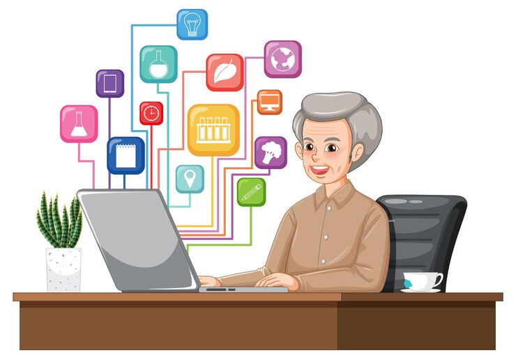 Vector gratuito mujer anciana trabajando en una computadora portátil