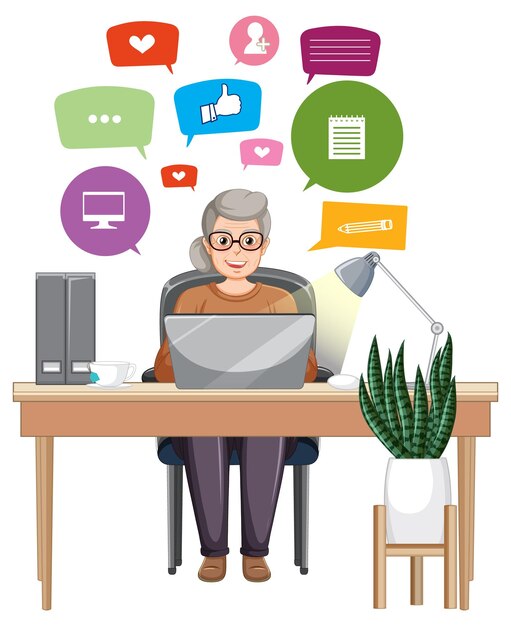 Mujer anciana trabajando en una computadora portátil