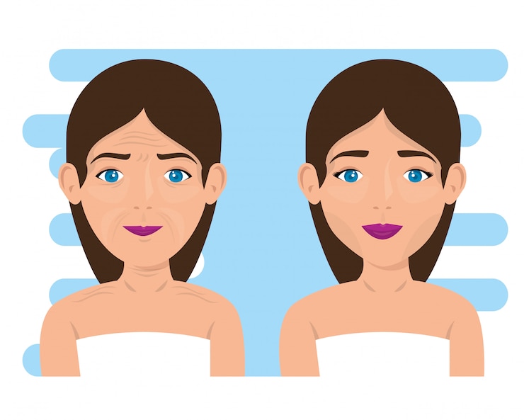 Vector gratuito mujer antes y después del tratamiento de la piel.