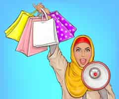 Vector gratuito mujer árabe en hijab con altavoz y bolsas de compras ilustración de dibujos animados