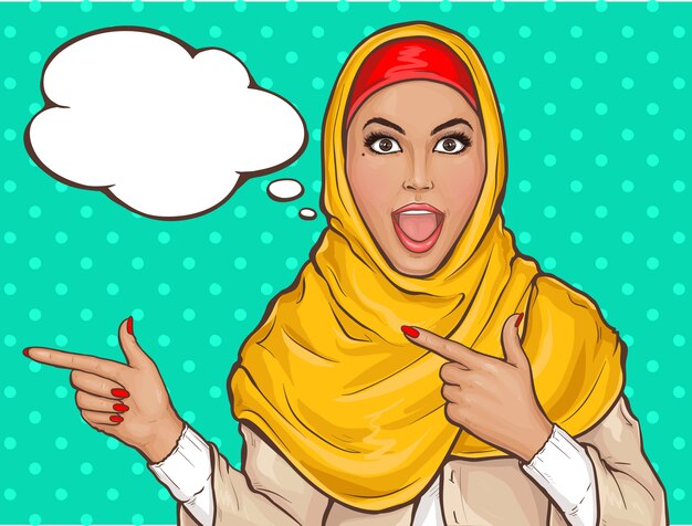 Mujer árabe en hijab apuntando