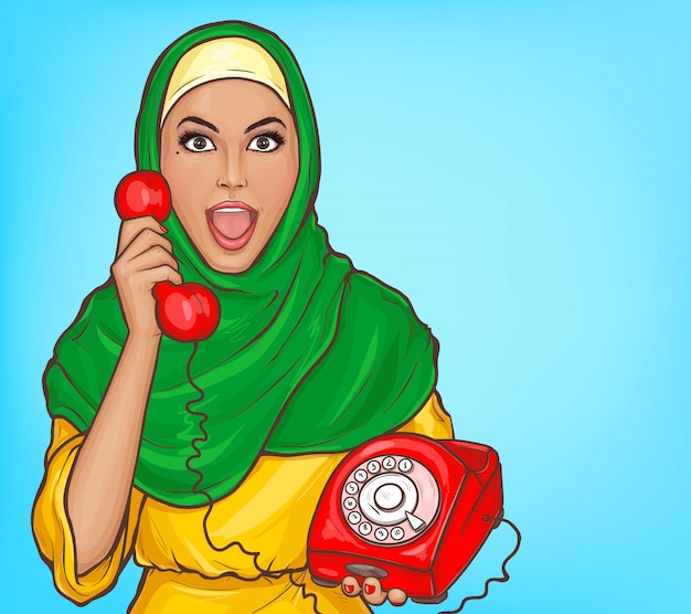 Mujer árabe en hijab con ilustración de dibujos animados vintage teléfono dial