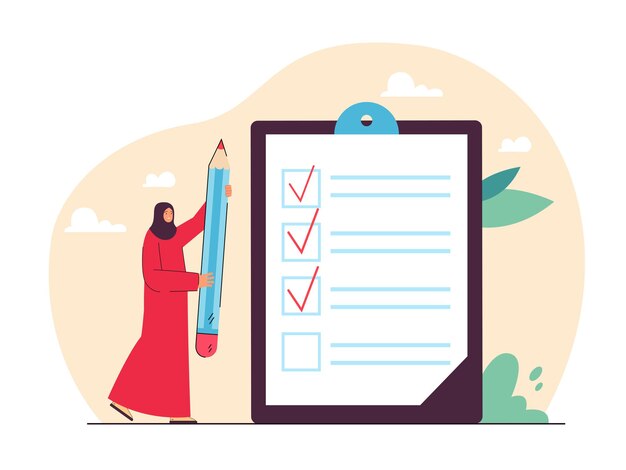 Mujer árabe en hijab sosteniendo un lápiz gigante junto a la lista de verificación. Ilustración plana de tareas de comprobación de personaje femenino musulmán