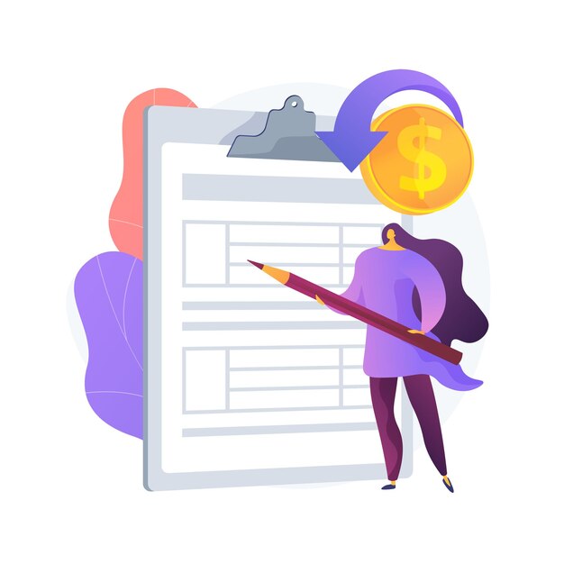 Mujer con arreglo en portapapeles. Idea de pacto de monetización. Licencia de firma. Trato comercial, contrato rentable, documentación importante. Ilustración de metáfora de concepto aislado de vector
