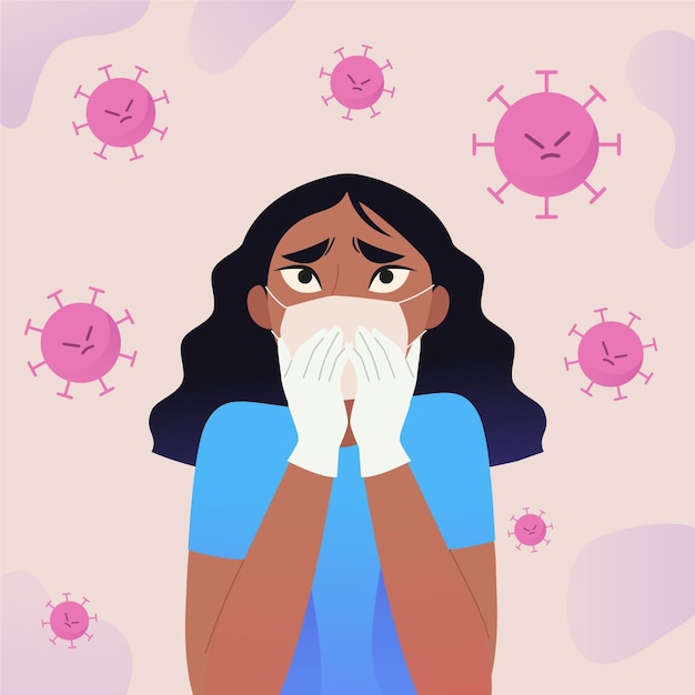 Mujer asustada por la enfermedad covid-19 ilustrada