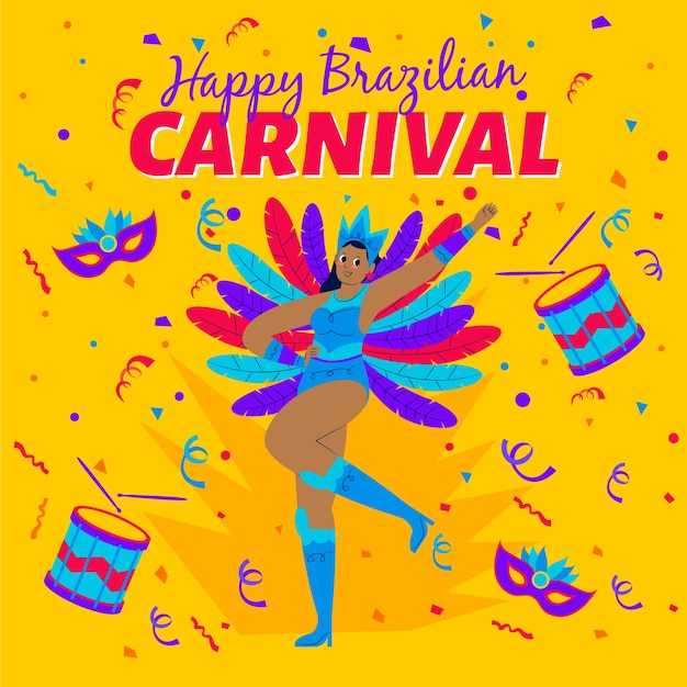 Mujer bailando con plumas de colores para la fiesta de carnaval