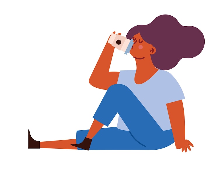 Vector gratuito mujer bebiendo café en una taza eco sentada