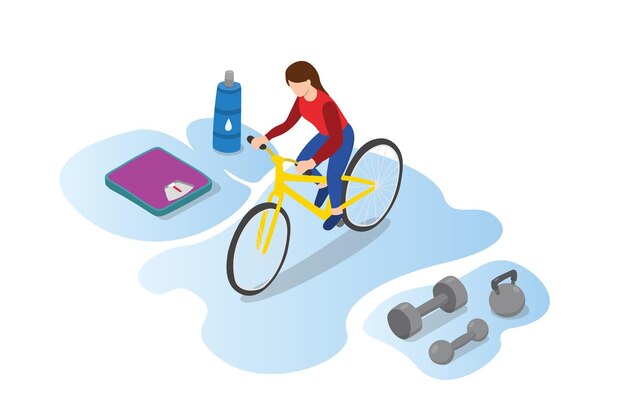 Mujer en bicicleta con equipo deportivo con estilo isométrico plano moderno